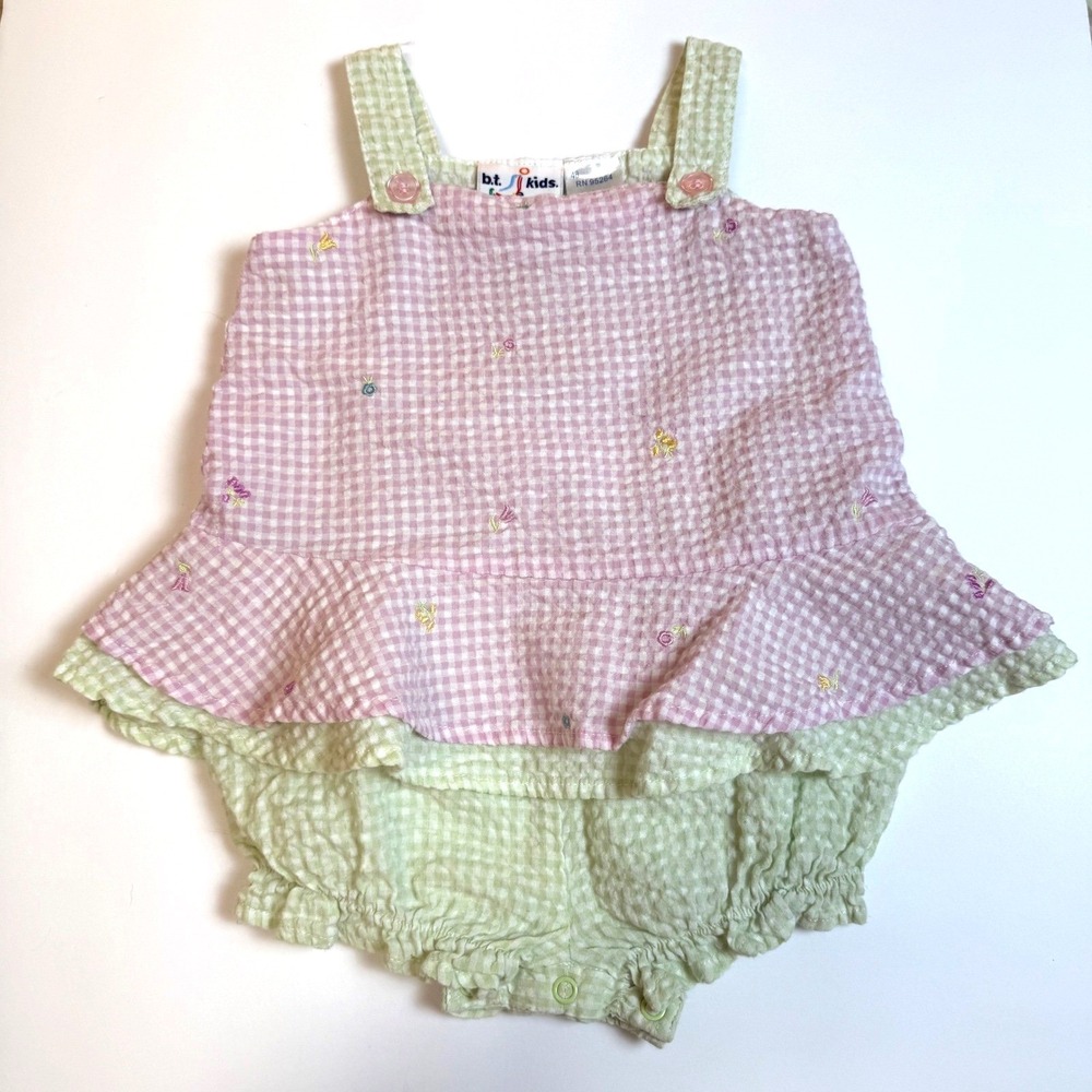 b.t. kids Y2K Baby Girl 12M Seersucker Gingham Layered Romper Pink Green